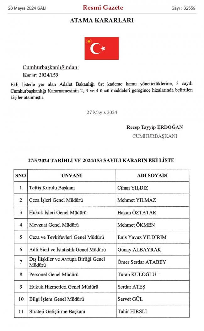 Adalet Bakanlığı üst kademe yöneticileriyle ilgili atama kararnamesi